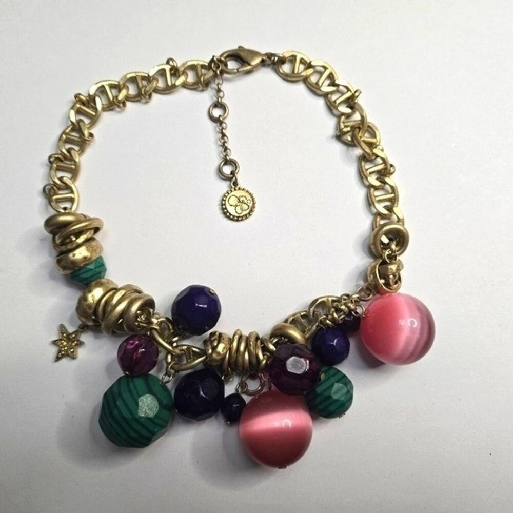 Jessica Simpson Gold Tone Anchor Chain Multi Color Bead Star Charm Necklace
